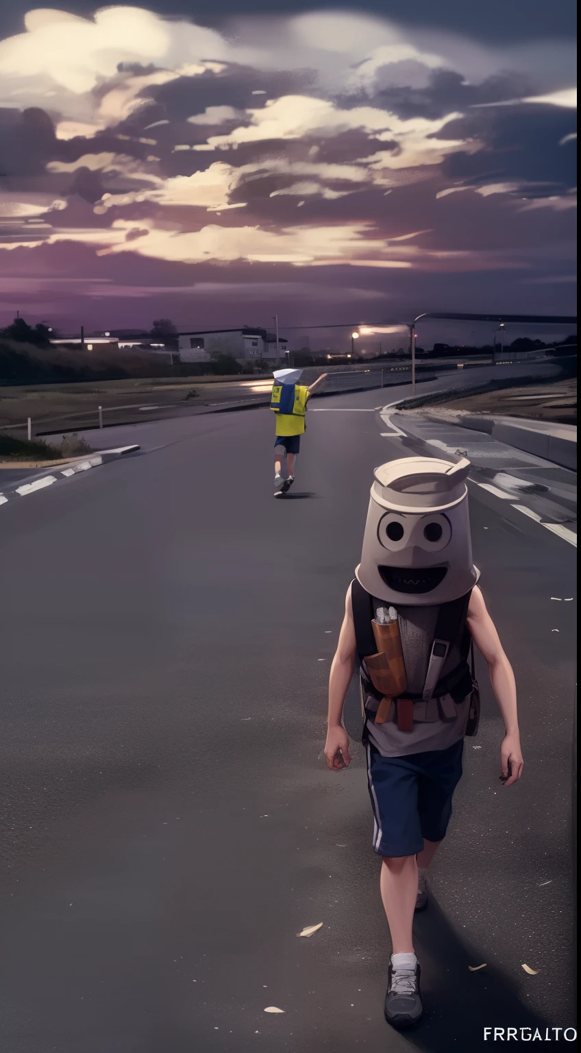 There's a boy walking down the road with a gray bucket on his head, walking through a suburb, Child with bucket on head walking, Boy with bucket on head at sunset, Walking with a bucket on your head, Album art, with sunset, standing on road, Boy wandering at night, new album cover, em uma estrada, Anime traits, lugar futurista, pos apocalipse