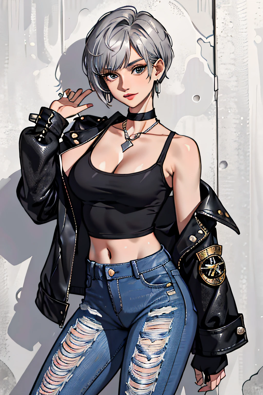 (masterpiece:1.2, best quality), (1lady, solo, upper body:1.2), Hair: buzz cut, Clothing: oversized, distressed denim jacket with patches and pins, paired with black skinny jeans and combat boots, Accessories: silver hoop earrings and a black choker necklace, Hanging out in an underground music venue or street art exhibit
