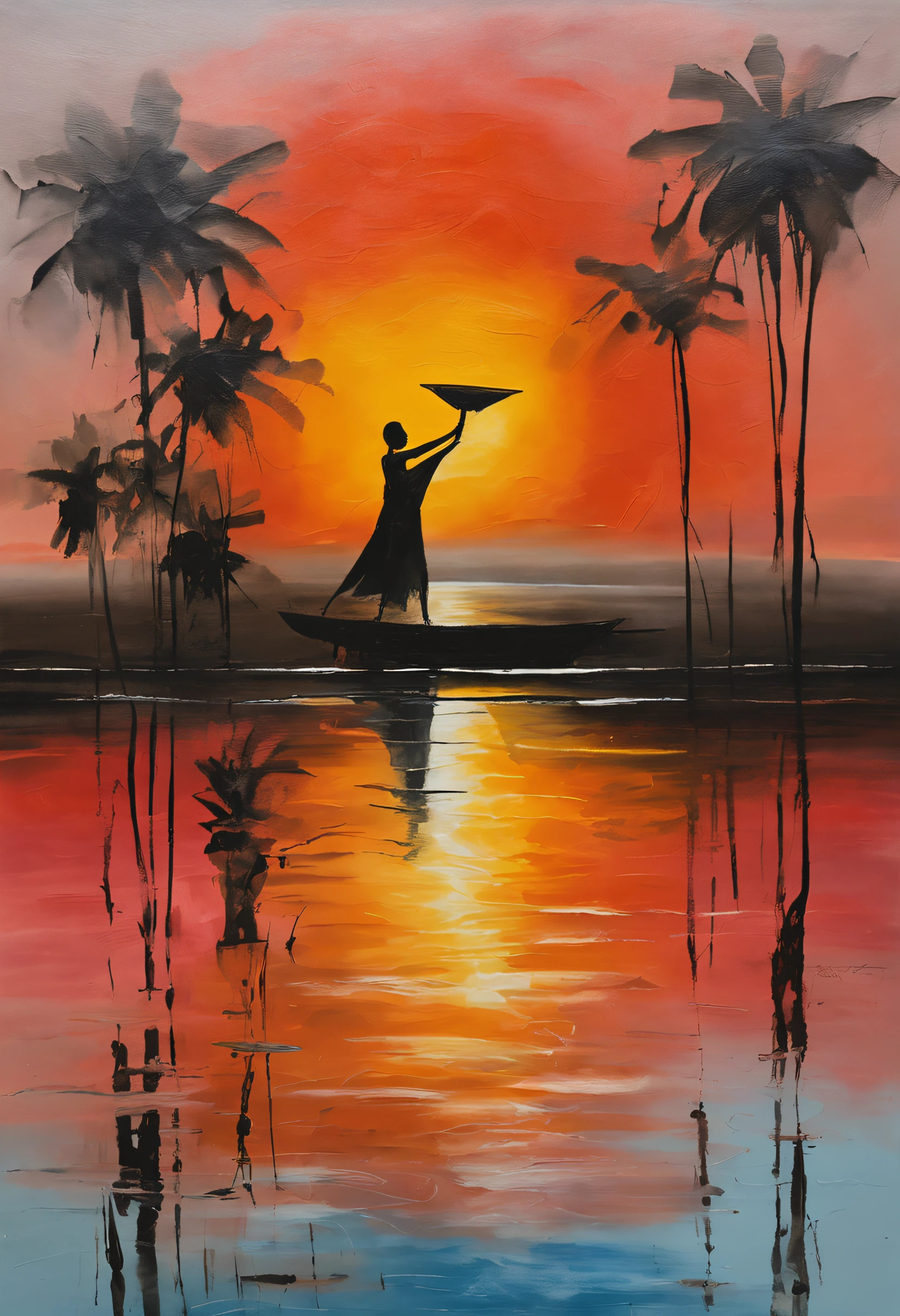women carrying buckets of water, silhouette against a sunset dusk, moving from left to right, horizon, rule of thirds,Heterogeneous skin tone, horizon,African patterns,S shaped, Cultural art, sunset, 8K, Full body like,Best quality, Masterpiece, Super detail, High details, High quality, Best quality, A high resolution,realistic