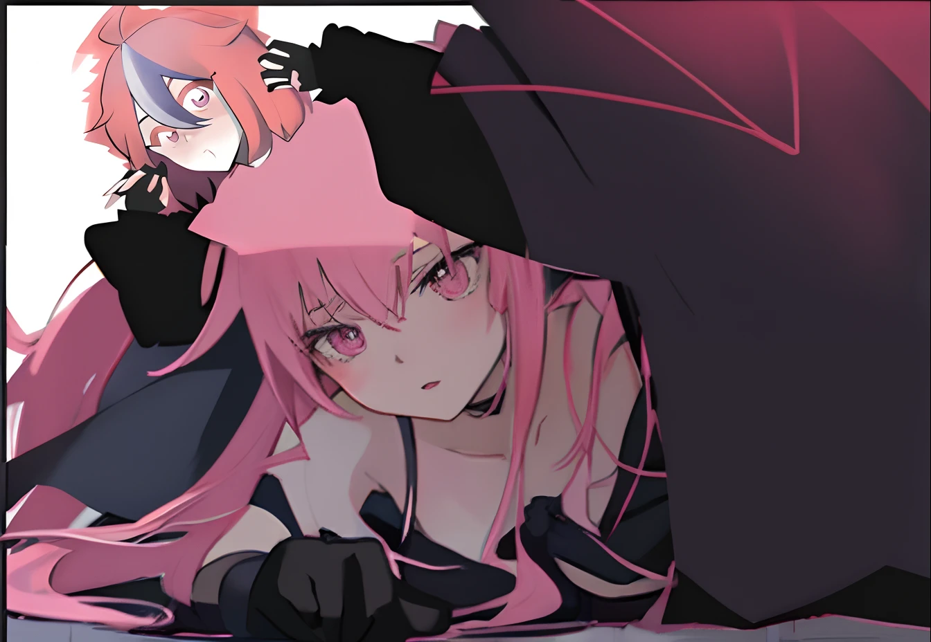 anime characters with purple hair and black hoodies, next to each other, gamoe yandere grimdark, 2d anime style, anime in fantasy style, official fanart, puce and vermilion, Fan art of jogo 2D, a little red and purple, 2d art, 2d art, not anime style, gamoe yandere, 2 d anime, zerochan art