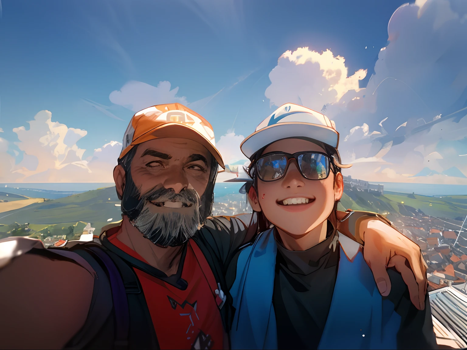 They are posing for a photograph together on a balcony with a view, Mars Ravelo e Greg Rutkowski, no topo de uma colina, fotografia, no topo de uma montanha, no topo de uma montanha, no topo de uma montanha, em uma montanha, na montanha, em um dia ensolarado, holiday photography, no topo de uma colina