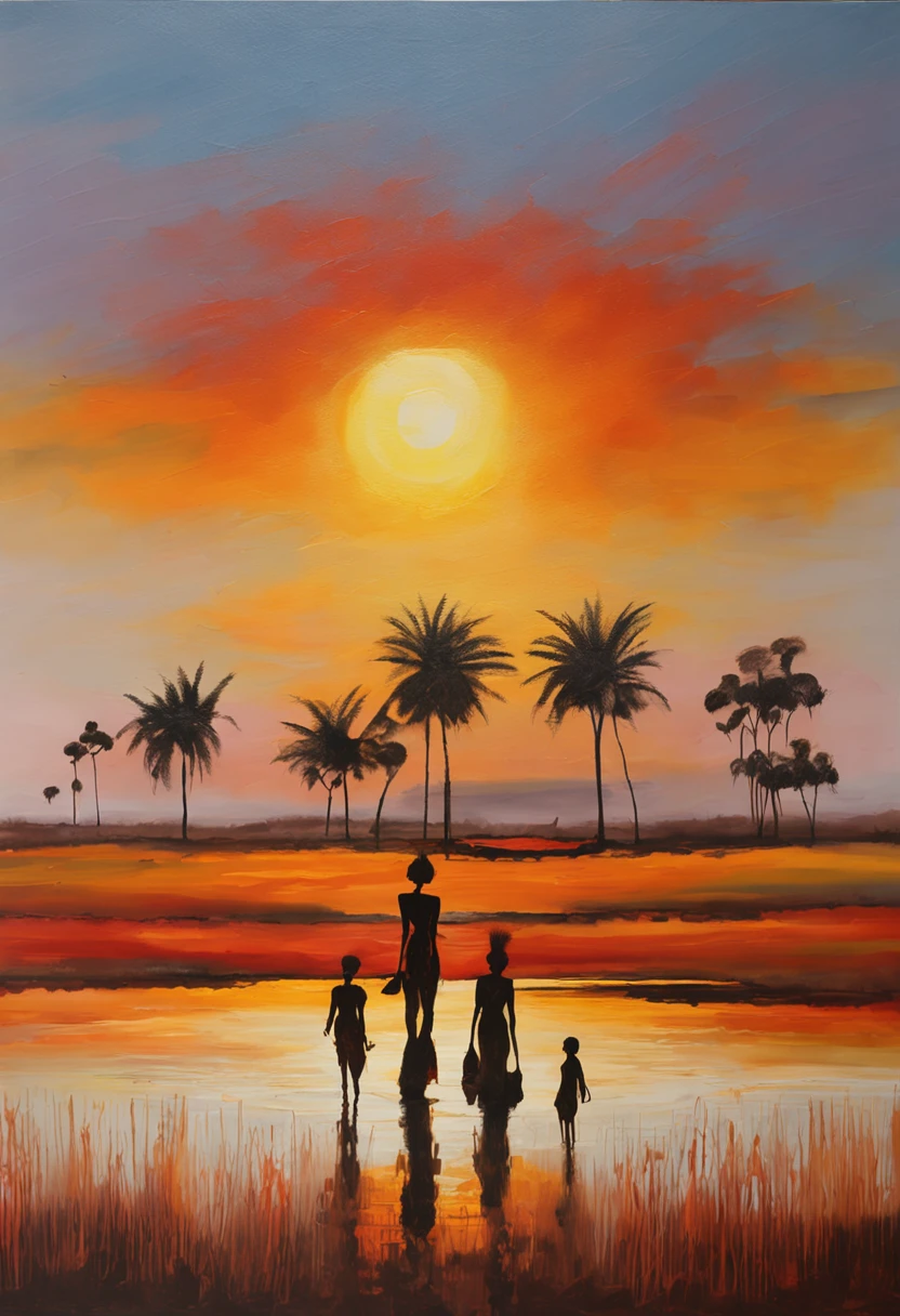 women carrying buckets of water, silhouette against a sunset dusk, moving from left to right, horizon, rule of thirds,Heterogeneous skin tone, horizon，African patterns，savanna grass land, S shaped, Cultural art, sunset, 8K, Full body like，Best quality, Masterpiece, Super detail, High details, High quality, Best quality, A high resolution，realistic