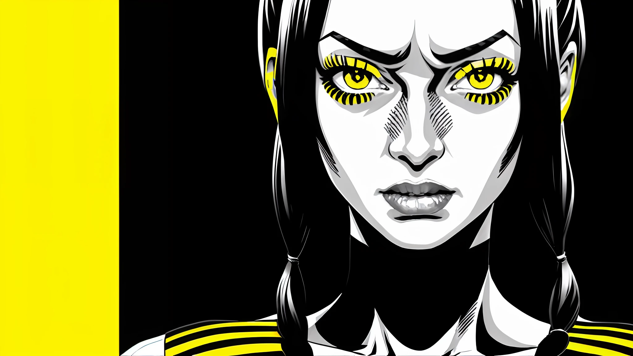 halftone shading, Uma Thurman image of "Kill Bill", like a comic character, 1960's, (black, twin pigtail hair), pretty face, (yellow and black top, horizontal stripes:1.2), insane detail, 3:1 comic book layout