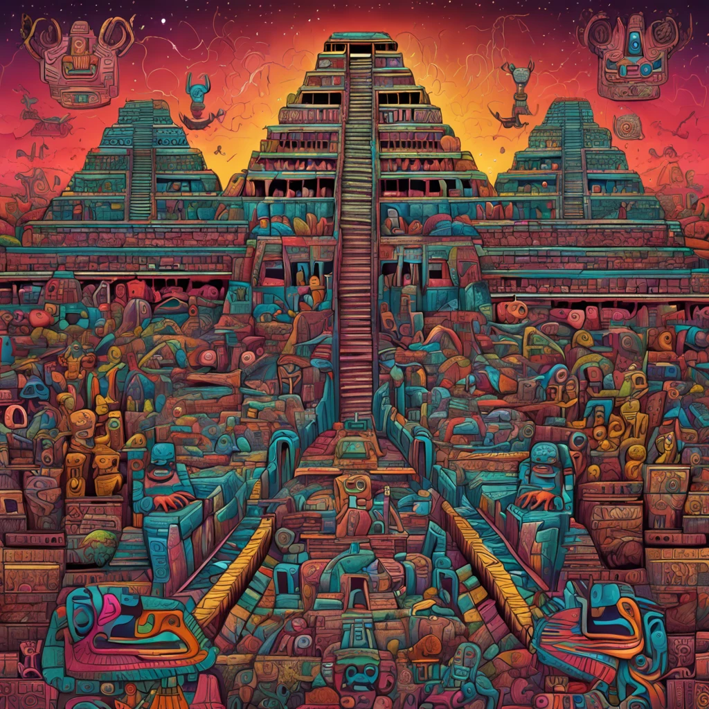 Daily Theme: Lost Land of Teotihuacan Art by Tim Burton and Paul Klee, ultra highly detailed, detailed digital painting, intricated, clarity, high quality, mask of the God Tlaloc from the lost city of Teotihuacan, high contrast, very colorfull, detailed, highly evocative, trending on deviantart, centered, Miki Asai Macro photography, close-up, hyper detailed, trending on artstation, sharp focus, studio photo, intricate details, highly detailed, by greg rutkowski