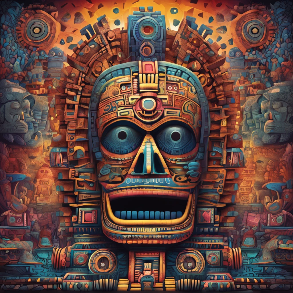 Daily Theme: Lost Land of Teotihuacan Art by Tim Burton and Paul Klee, ultra highly detailed, detailed digital painting, intricated, clarity, high quality, mask of the God Tlaloc from the lost city of Teotihuacan, high contrast, very colorfull, detailed, highly evocative, trending on deviantart, centered, Miki Asai Macro photography, close-up, hyper detailed, trending on artstation, sharp focus, studio photo, intricate details, highly detailed, by greg rutkowski