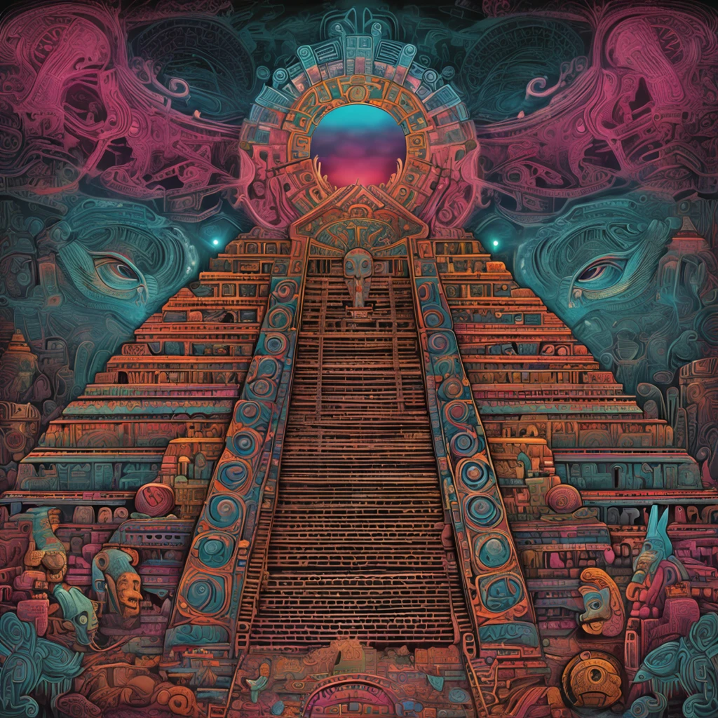 Daily Theme: Lost Land of Teotihuacan Art by Tim Burton and Paul Klee, ultra highly detailed, detailed digital painting, intricated, clarity, high quality, mask of the God Tlaloc from the lost city of Teotihuacan, high contrast, very colorfull, detailed, highly evocative, trending on deviantart, centered, Miki Asai Macro photography, close-up, hyper detailed, trending on artstation, sharp focus, studio photo, intricate details, highly detailed, by greg rutkowski