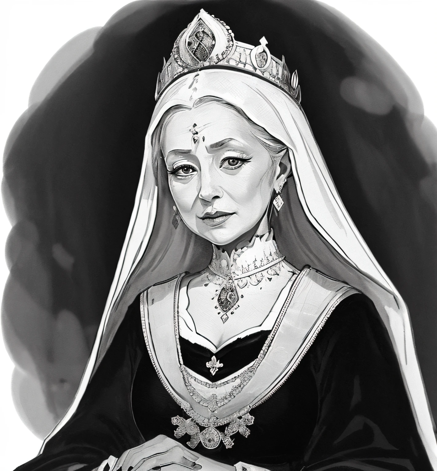 black and white drawing of a woman in a tie, empress, inspired by Altun Sultan, by Ludwik Konarzewski, inspired by Neil Gleyen, detailed portrait, based on Vlady Kibalchich Rusakov, majesty in noble clothes, Majesty