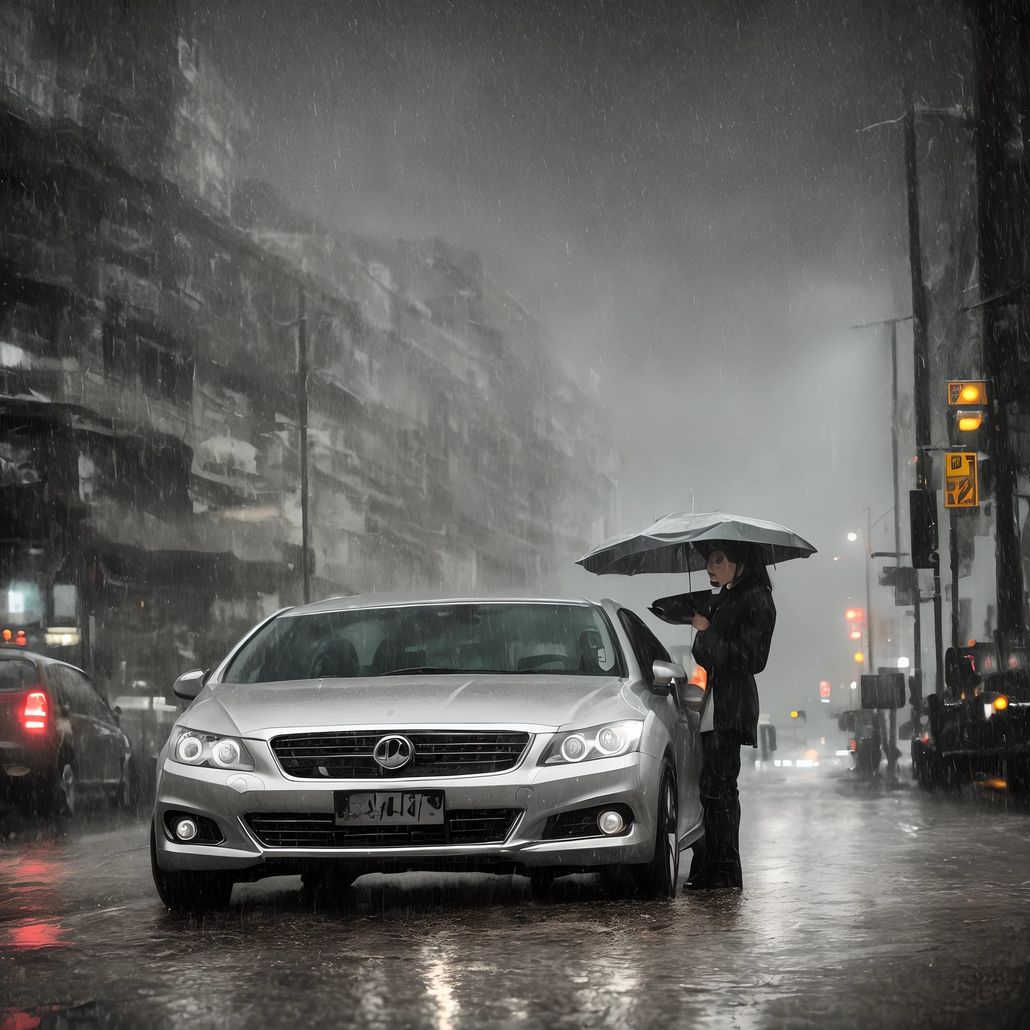 A silver Azera car is standing in the rain and a person is standing next to it, cinematic lighthing, chuva, soft-lighting