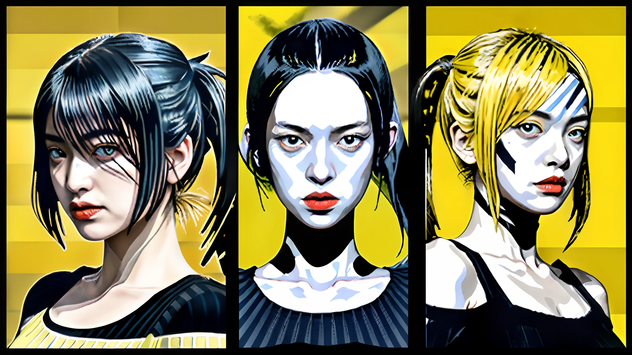 halftone shading, Uma Thurman image of "Kill Bill", like a comic character, 1960's, signature by bugmAIster, (black, twin pigtail hair), pretty face, (yellow and black top, horizontal stripes:1.2), insane detail, 3:1 comic book layout, (yellow eyes), (red lips)