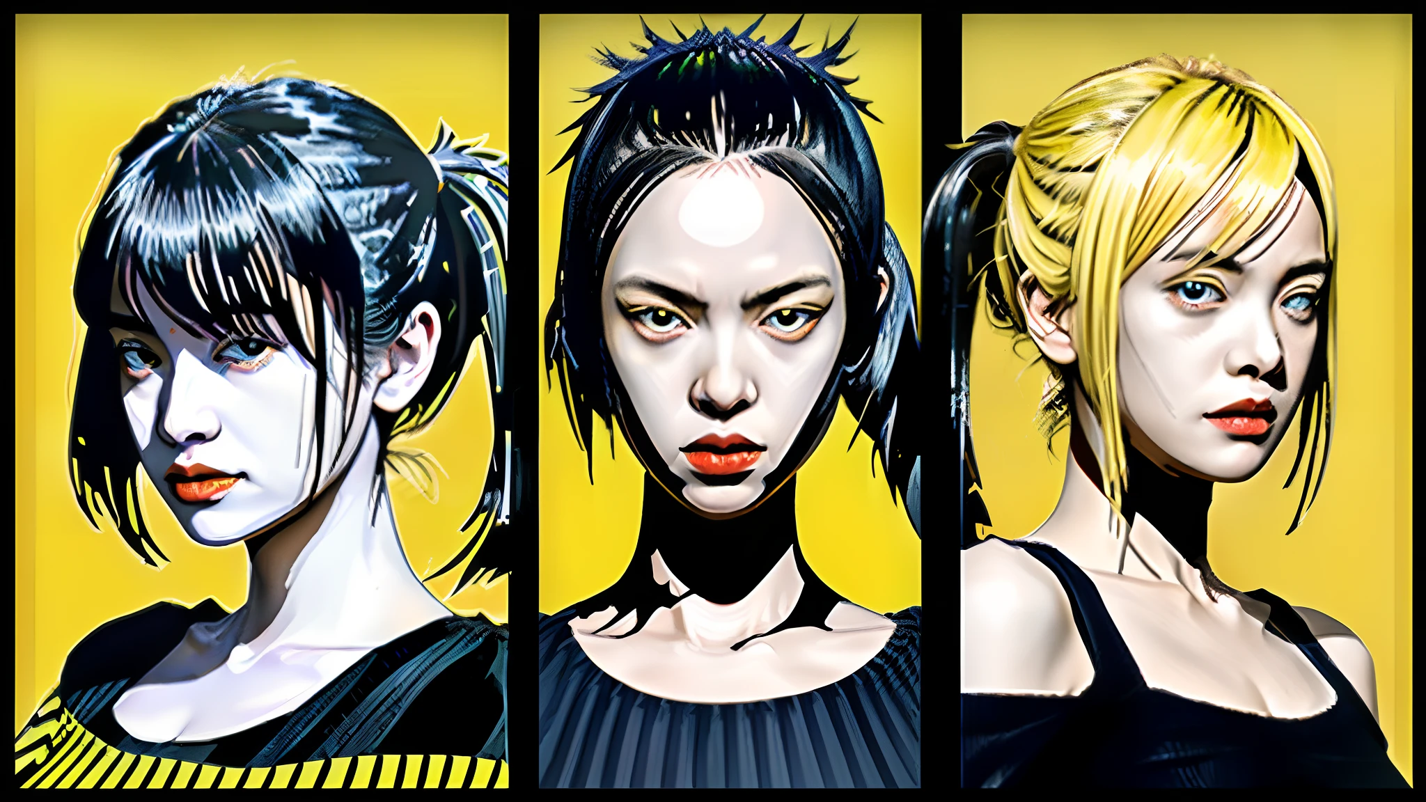 halftone shading, Uma Thurman image of "Kill Bill", like a comic character, 1960's, signature by bugmAIster, (black, twin pigtail hair), pretty face, (yellow and black top, horizontal stripes:1.2), insane detail, 3:1 comic book layout, (yellow eyes), (red lips)