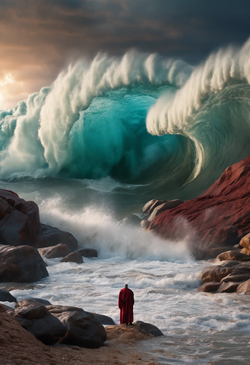 An ultra-realistic photo of Moses opening the red sea.