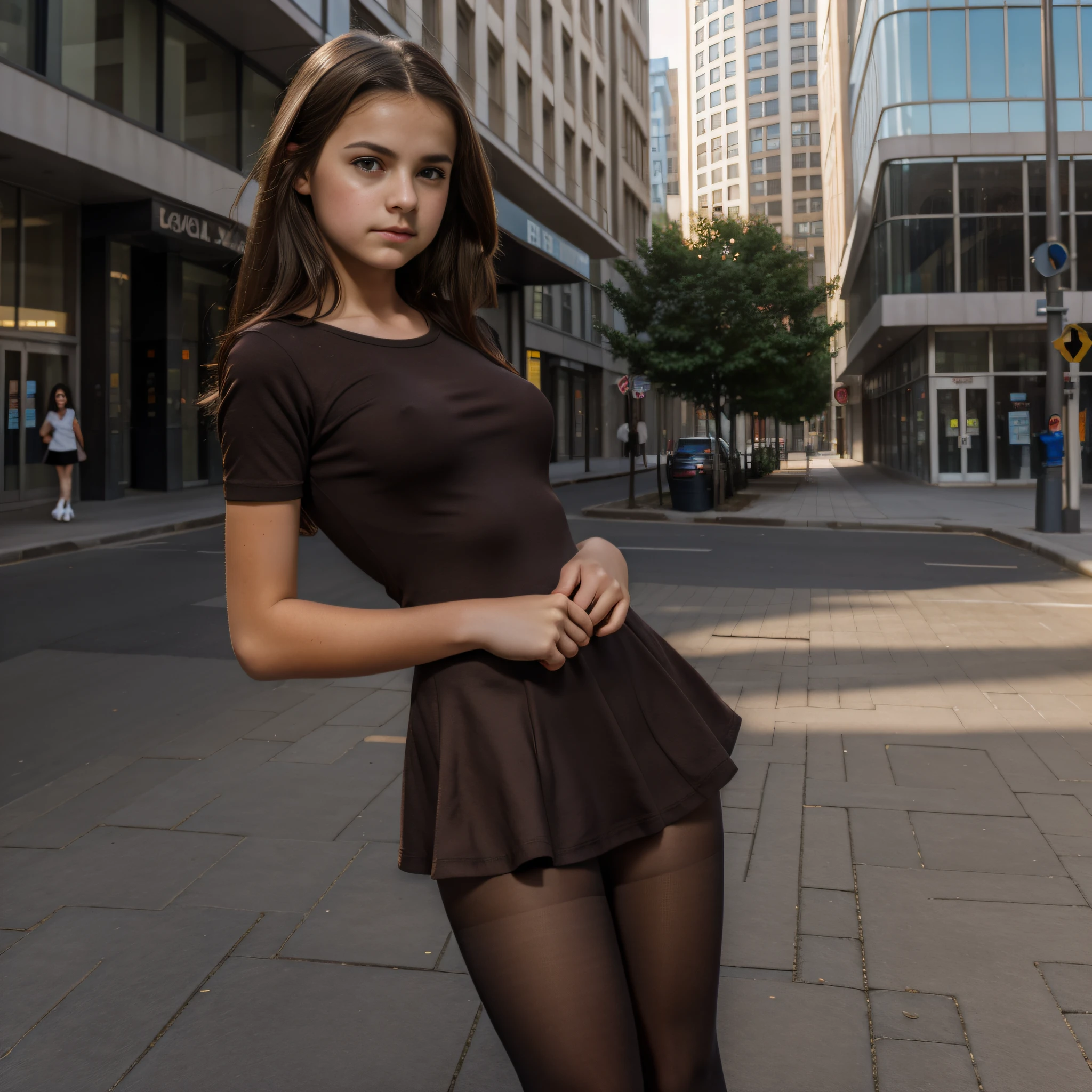 (()), dress, tights, high balance, tiny breasts, dark brown hair, natural light, hyperrealistic, HDR, 8K, best quality, high resolution, caused in the city in front of a building