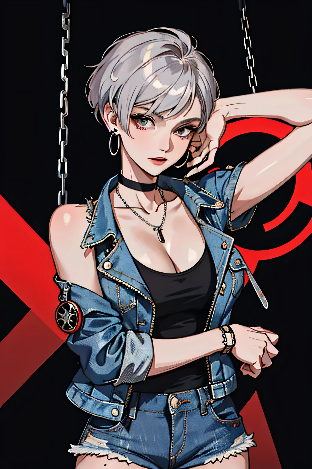 (masterpiece:1.2, best quality), (1lady, solo, upper body:1.2), Hair: red, pixie cut, Clothing: tight cleavage shirt, distressed denim jacket with patches and pins, paired with black oversized jeans and combat boots, Accessories: silver hoop earrings and a black choker necklace, Hanging out in an underground music venue or street art exhibit