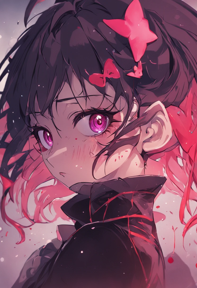 Harlequin girl, dos coletas, rosa y negro, llorando, Dispair, maquillaje payaso, lo gothic, solid circle eyes, colmillo, horror, sombra paralela, estereograma, pov, atmosphric perspective, mejor calidad, Chica anime, wistful look, rubor, cuerda al rededor de su cuello, suicidio, smal boobs, alto contraste, gore