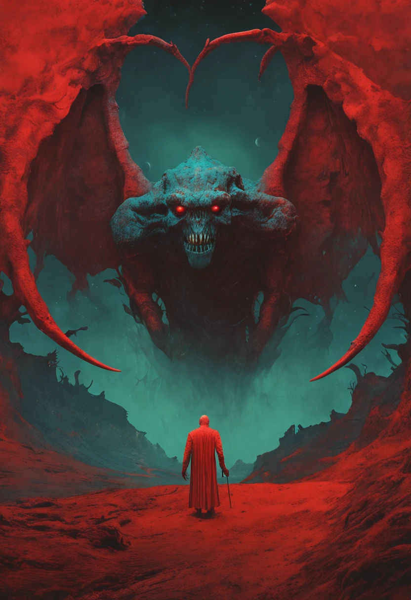 mythology creatures, by zdzislaw beksinski and van gogh, album cover art, rome, surrealism, futuristic ,satan, t-rex, coral, wizard, abstract, dark, red, hell, landscape