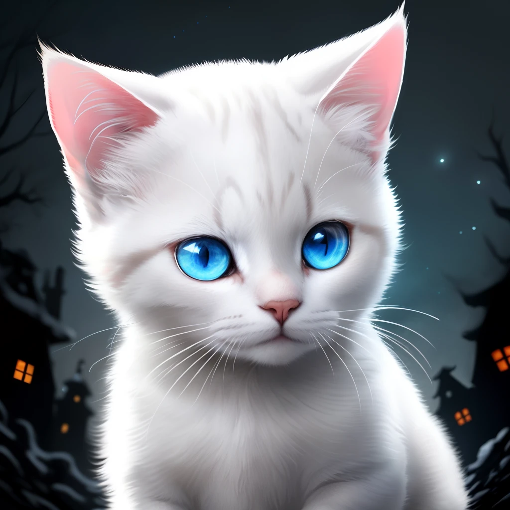 Now has a white cat,skyblue eyes,in the darkness nigth,The pupils glow with rubies,Very cute and very scary。