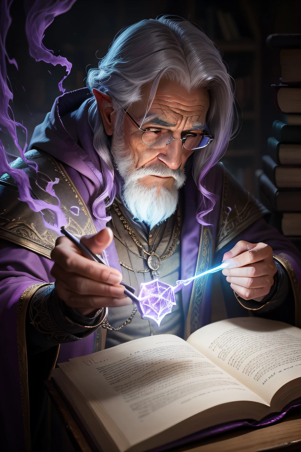 an old wizard doing spells, emphasis on his spell, texturas ultra detalhadas, layers of textures faithful to reality, profesional lighting, detalhamento realista com tons de roxo e lilas