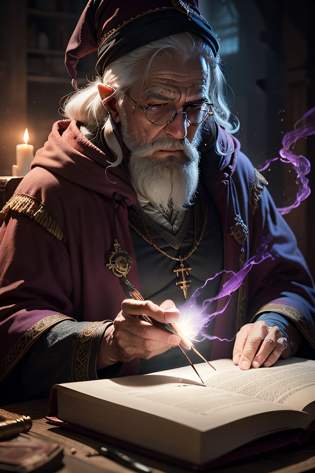 an old wizard doing spells, emphasis on its action, texturas ultra detalhadas, layers of textures faithful to reality, profesional lighting, detalhamento realista com tons de roxo e lilas
