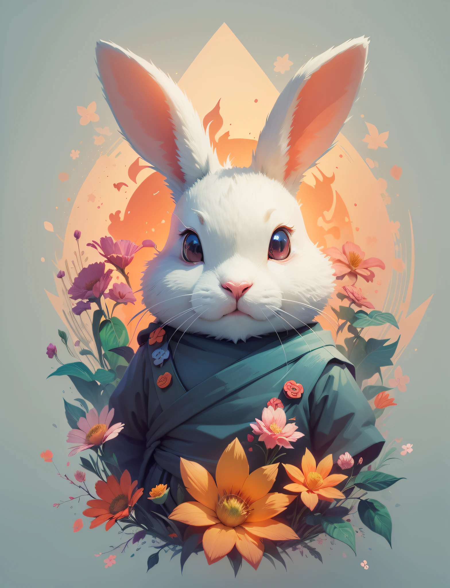 A detailed illustration face ninja bunny, fire, t-shirt design, flowers splash, t-shirt design, in the style of Studio Ghibli, pastel tetradic colors, 3D vector art, cute and quirky, fantasy art, watercolor effect, bokeh, Adobe Illustrator, hand-drawn, digital painting, low-poly, soft lighting, bird's-eye view, isometric style, retro aesthetic, focused on the character, 4K resolution, photorealistic rendering, using Cinema 4D, white background, flat white background