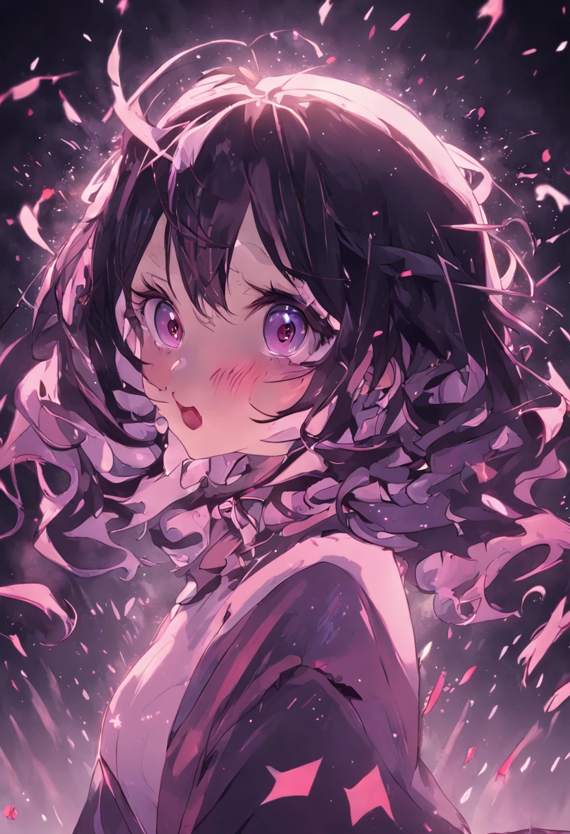 Harlequin girl, dos coletas, rosa y negro, llorando, Dispair, maquillaje payaso, lo gothic, solid circle eyes, colmillo, horror, sombra paralela, atmosphric perspective, mejor calidad, Chica anime, wistful look, rubor, cuerda al rededor de su cuello, suicidio, alto contraste, ????