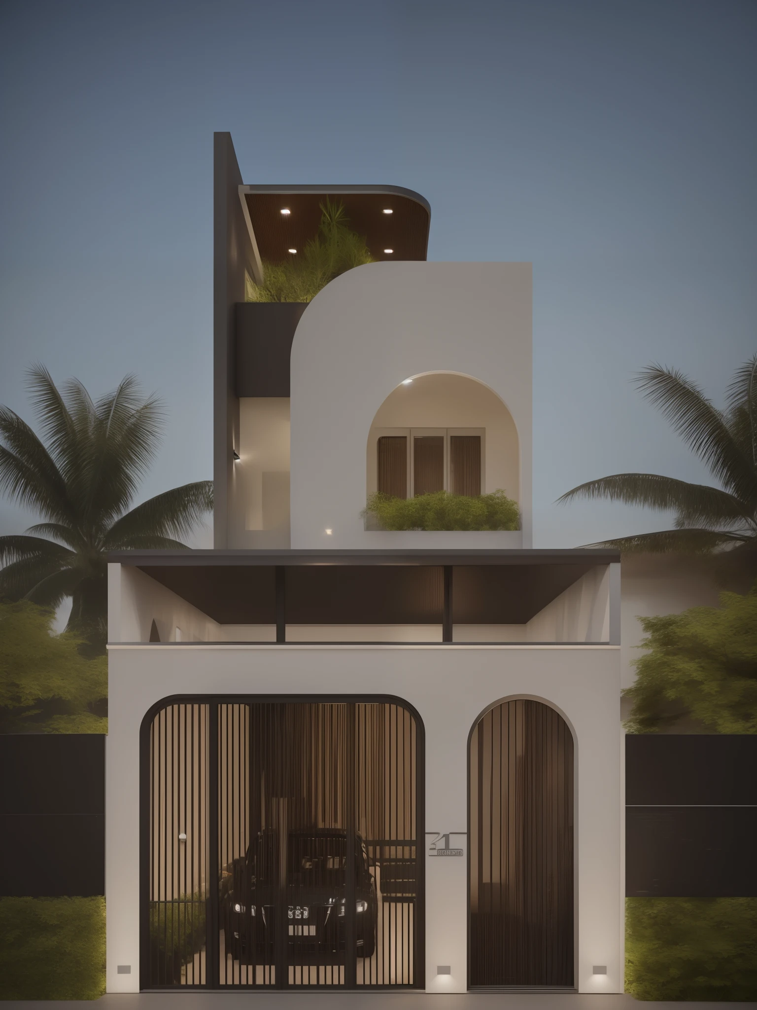 - 1 mordenhouse with curev shape, front eleviview of the house, look morden minimalist, (((1 road in front of the house:1.3))), the planter has many white chrysanthemums:1.2 - (RAW photo, real, best quality, masterpiece:1.2),(hyper realistic, photo-realistic:1.2), high quality,(((hyper detail:1.5))), archdaily, award winning design - dynamic light:1.3, (dark light:1.2), perfect light, - elegant and minimalist feel, open pose