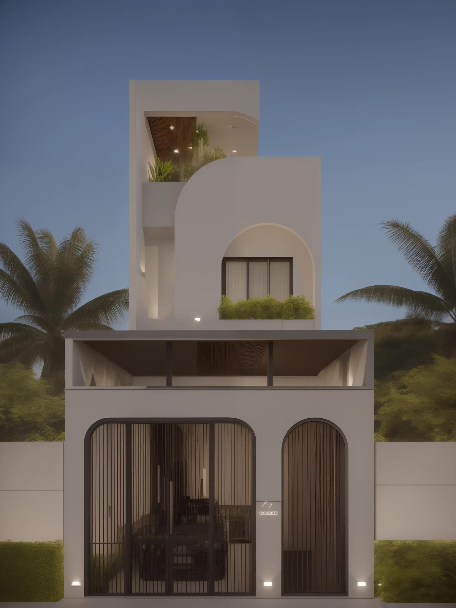 - 1 mordenhouse with curev shape, front eleviview of the house, look morden minimalist, (((1 road in front of the house:1.3))), the planter has many white chrysanthemums:1.2 - (RAW photo, real, best quality, masterpiece:1.2),(hyper realistic, photo-realistic:1.2), high quality,(((hyper detail:1.5))), archdaily, award winning design - dynamic light:1.3, (dark light:1.2), perfect light, - elegant and minimalist feel, open pose