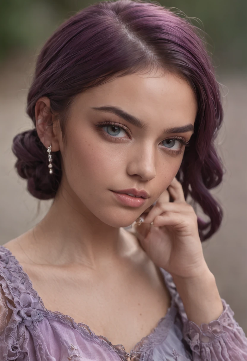 young woman, strong features, dark skin tone, shoulder length braided hair with purple blue ombre color, piercing green eyes, freckles around the nose, full lips with rosy plum tint, multiple piercings in the ear, well defined jaw, regal, stoic, strong shoulders