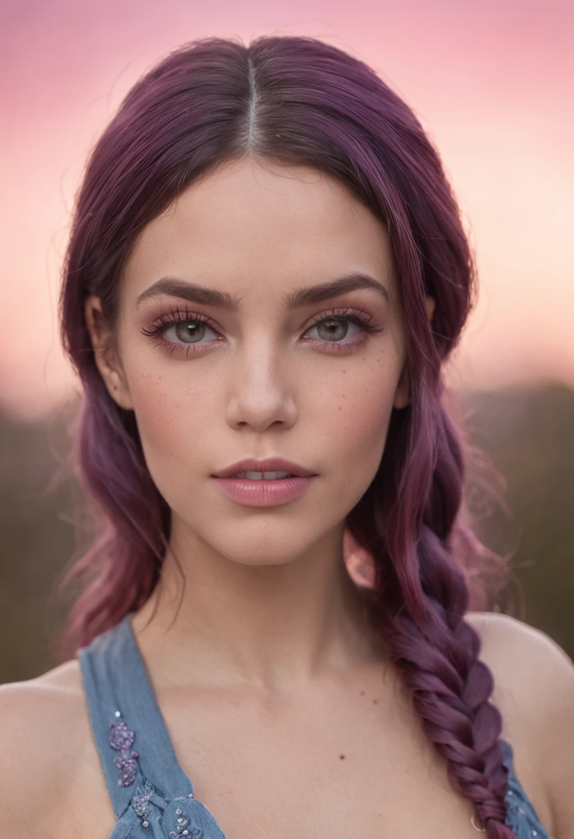 young woman, strong features, dark skin tone, shoulder length braided hair with purple blue ombre color, piercing green eyes, freckles around the nose, full lips with rosy plum tint, multiple piercings in the ear, well defined jaw, regal, stoic, strong shoulders