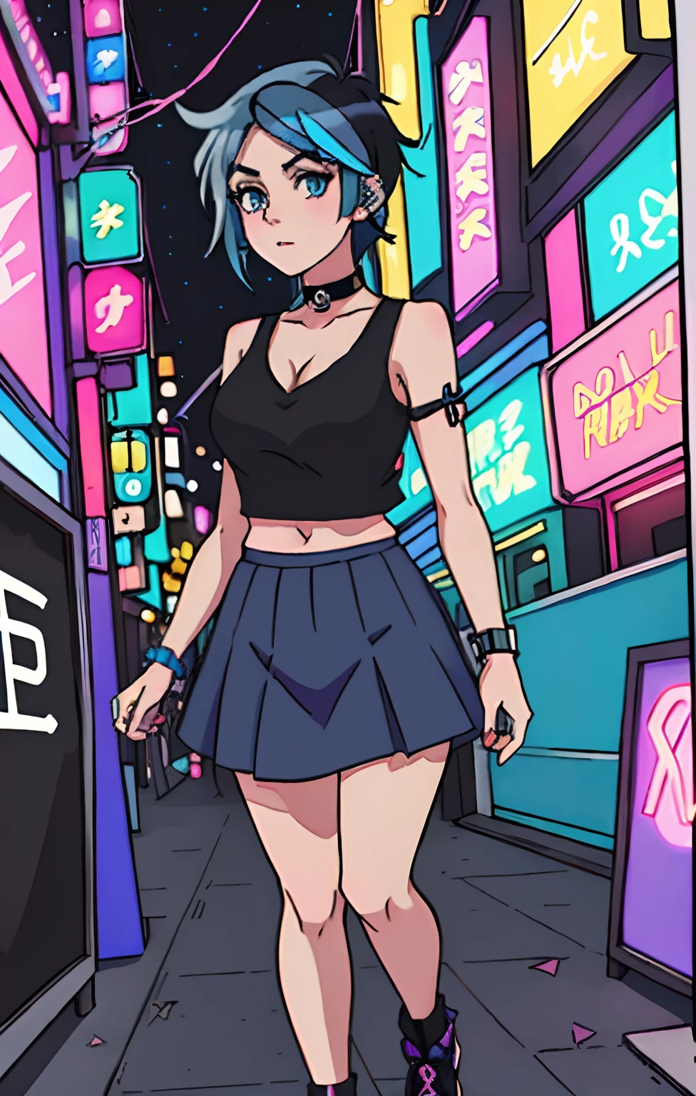 1girl, mature woman, ((full length shot)), masterpiece, professional Anime, standing, (blue hair), (large breasts), tall, long legs, portrait, anatomically correct, (full body), skin texture, anime eyes, perfect eyes, beautiful, gorgeous, beautiful body, (wearing dark punk skirt), ((Black tank top)), (V Neck Neckline), (bra showing), collar, emo, goth, punk, ((choker)), (Blue Hair), ((undercut Hair)), ((punk hair)), ((Emo hair)), ((nose ring)), arched eyebrows, perfect hands, original image, perfect image, Anime portfolio, perfectly drawn, Anime illustration, (((anime))), fashion anime, sexy anime, city pop, colorful, party lights, lights, photo studio, disco club, disco lights, dance party, 80s club, pretty face, cute, night setting, neon reflections, neon lights, highly detailed background, club background, disco hall, shallow depth of field, tiled wall, Bokeh, gorgeous photo, watercolors, pastel watercolors, Tokyo, 80s, akihabara, otzk