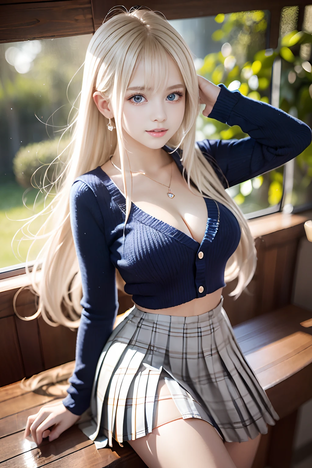 bright expression、poneyTail、Young shiny shiny white shiny skin、Best Looks、Blonde reflected light、Platinum blonde hair with dazzling highlights、shiny light hair,、Super long silky straight hair、Beautiful bangs that shine、Glowing crystal clear attractive big blue eyes、Very beautiful nice cute 16 year old girl、Lush bust,Beautiful detailed eyes, beautiful detailed nose,(( Full body:1.25)),Makeup that the eyes emphasize、((Mini pleated skirt with many folds)),(Women like Joan of Arc)、(((Big wooden cane)))，Royal style，Comic style, , Sub-surface scattering, ornate detail, nature backdrop, Hyper-realistic, Cinematic, Dramatic Lighting, masutepiece、fluffy hair、Shoulder knit sweater、Ultra-exposed cleavage、((uses magic:1.3))
