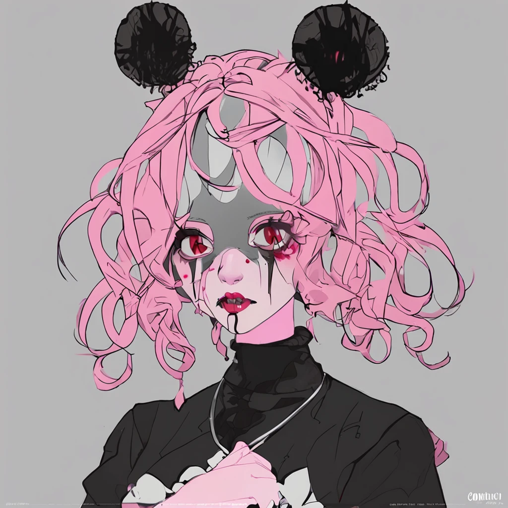 Harlequin girl, dos coletas, rosa y negro, llorando, Dispair, maquillaje payaso, lo gothic, solid circle eyes, colmillo, horror, sombra paralela, atmosphric perspective, mejor calidad, Chica anime, wistful look, rubor, cuerda al rededor de su cuello, suicidio, alto contraste, gore