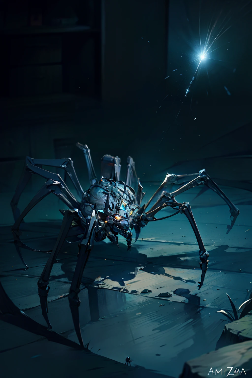 Imagine a monstrous spider of gigantic dimensions, com um corpo coberto por um exoesqueleto reluzente de diamante negro. Sua cor preta imponente contrasta com a luz, criando um efeito de brilho sutil e misterioso.

The spider's legs are long and agile, cada uma equipada com garras afiadas que deixam marcas profundas por onde passam. She is able to move deftly and quickly, Desafiando a gravidade enquanto escala paredes e tetos.

Their fangs are long and curved, dripping a deadly poison capable of paralyzing its victims instantly. Seus olhos brilham com uma intensidade sinistra, revelando sua natureza predadora.

Despite his terrifying appearance, This monstrous black diamond spider is a symbol of power and mystery. She is a unique and feared creature, que espreita nas sombras, Waiting for your next prey