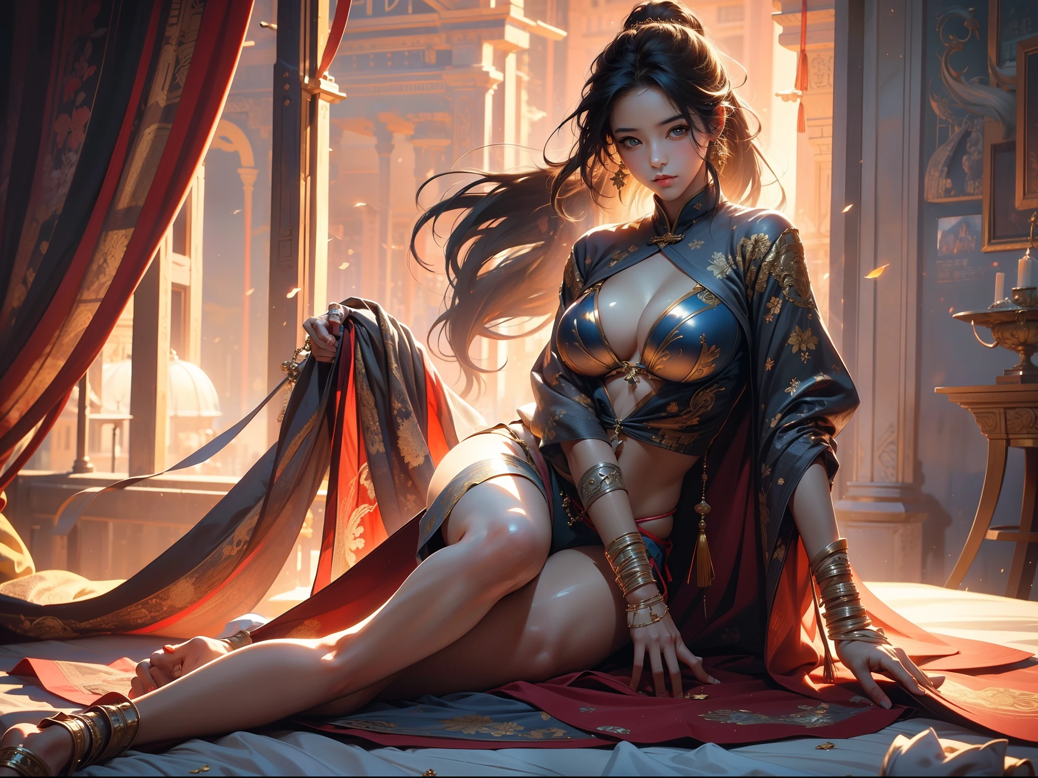 (Masterpiece), ((Best quality)), ((8K wallpaper)), ((超高分辨率)), well-composed, (Ultra detailed), illustration, beautiful art, Artistic, Realistic, Beautiful feet, good art, landscape, film, Detailed skin, (Oily skin), Shiny skin, Fine skin, (Beautiful hair), (Beautiful eyes), (Perfect anatomy), (Correct limbs), ( reality), Cute girl, 1girll, Big breasts bikini swimsuit, Sitting on the bed