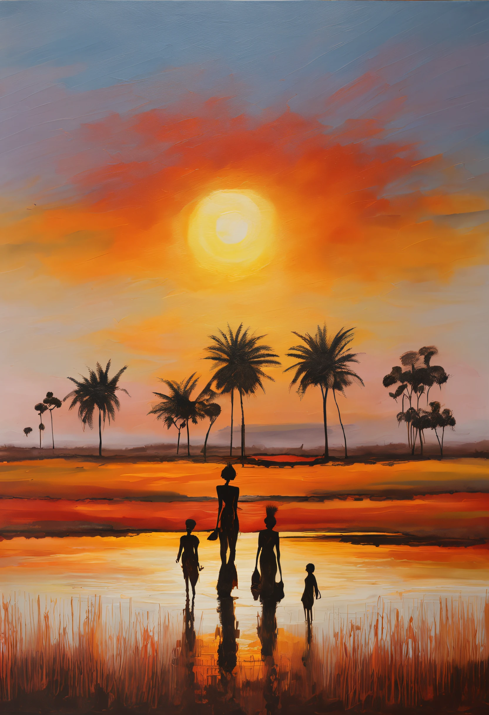 women carrying buckets of water, silhouette against a sunset dusk, moving from left to right, horizon, rule of thirds,Heterogeneous skin tone, horizon，African patterns，savanna grass land, S shaped, Cultural art, sunset, 8K, Full body like，Best quality, Masterpiece, Super detail, High details, High quality, Best quality, A high resolution，realistic