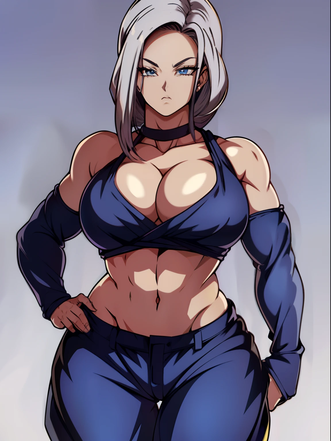 Cabelo rabo de cavalo, cabelo platinado, mascara preta, no rosto, munhequeira, preta cropped, Goku's pants, botas estilizadas do goku, foco feminino, musculosa, rosto bonito, ((obra-prima))