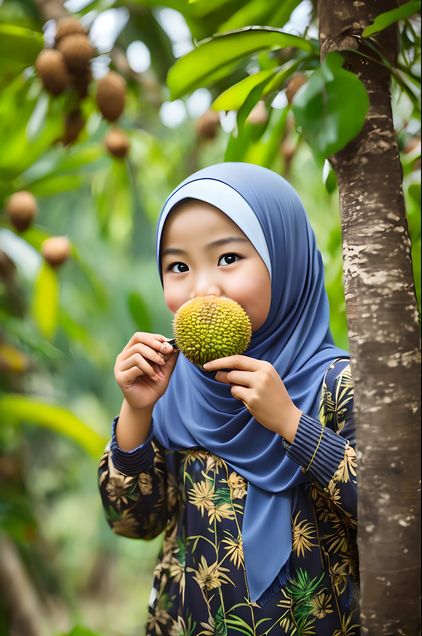one cute malay girl with hijab eating content of durian fruit in the jungle, realistic, professional photography, --auto --s2