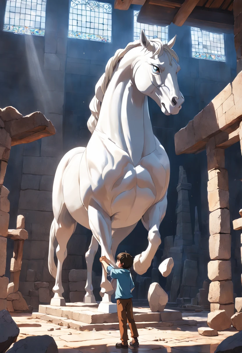 Un escultor tallando una gran piedra, The artist is sculpting a large white horse, El lugar es una cantera de piedra con grandes bloques, el artista usa un cincel y un martillo, In the background is a 7--old  watching, Disney, 8K, detallado, Disney Cinematic