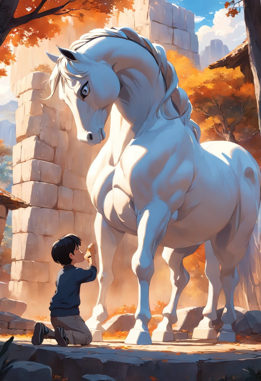 Un escultor tallando una gran piedra, The artist is sculpting a large white horse, El lugar es una cantera de piedra con grandes bloques, el artista usa un cincel y un martillo, In the background is a 7-year-old boy watching, Disney, 8K, detallado, Disney Cinematic