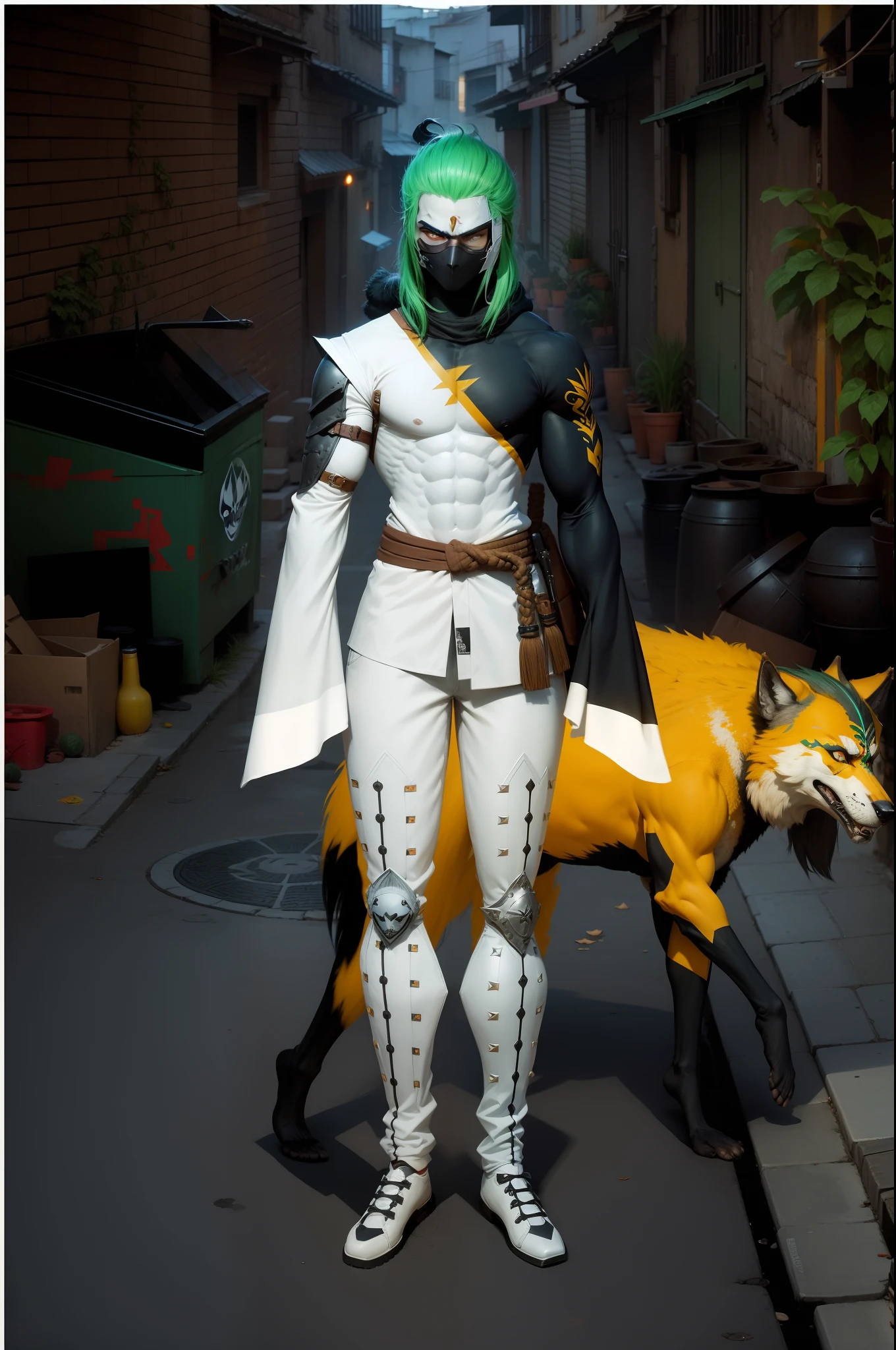 Ninja mascarada, cabelo verde, wolf maned behind, em um beco, ninja