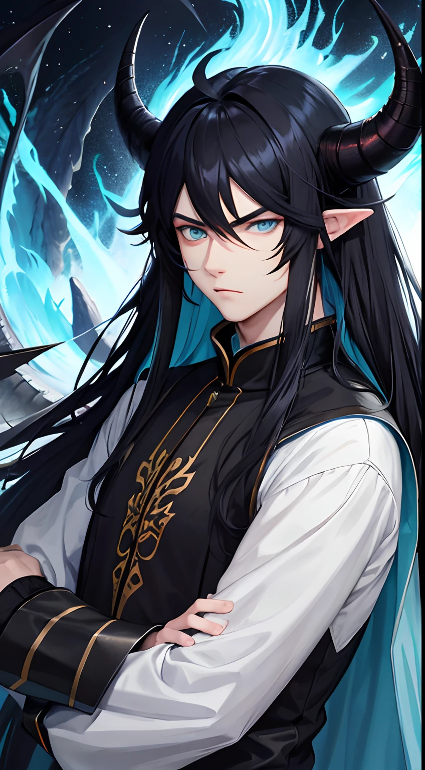 colorful,highest detailed, Male with long pure black puffy hair, light blue eyes, small dragon like horns, handsome, serious eyes, wearing casual clothes, evil, serious serious face,