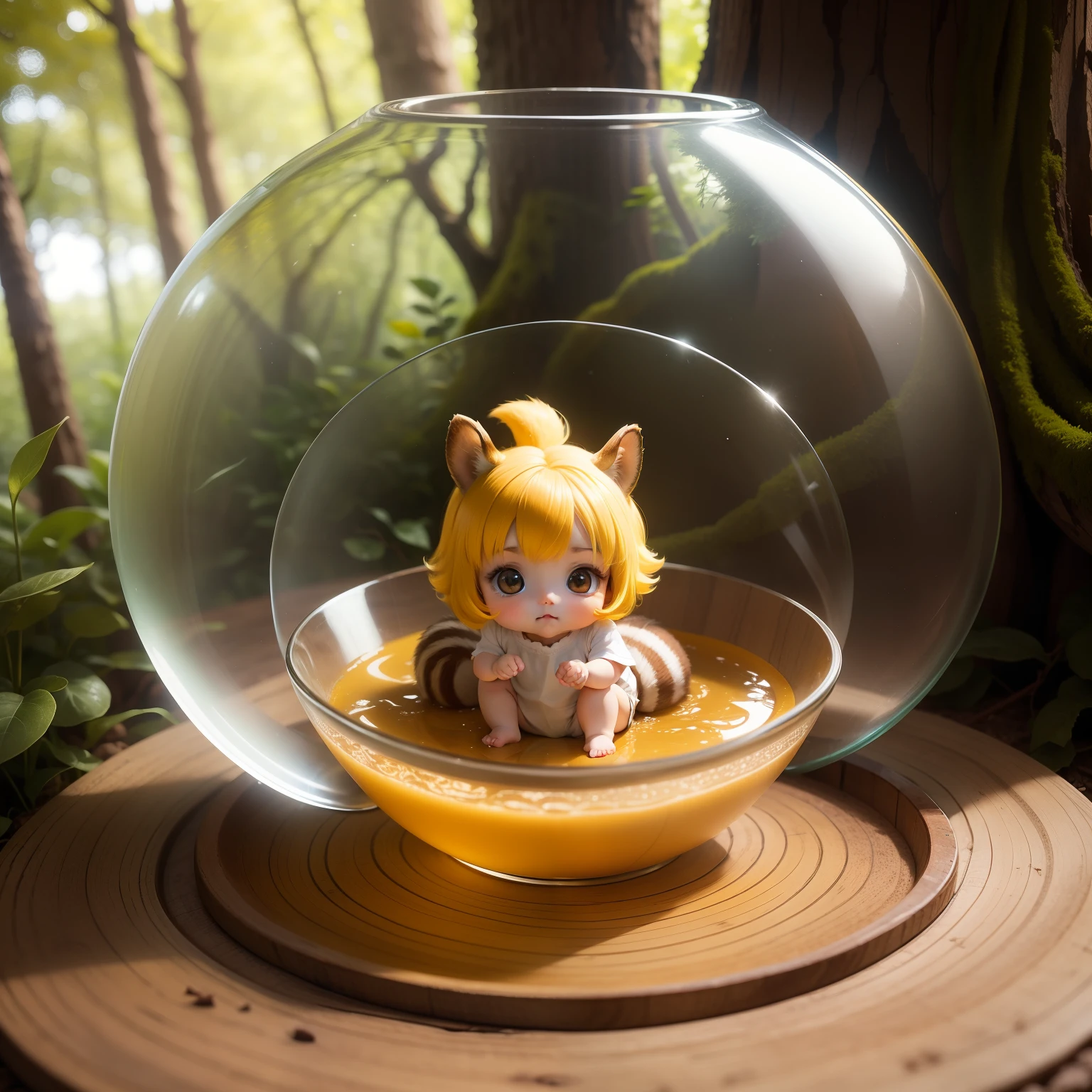 Cute Chibi Anime,Cute squirrel,Yellow hair,Sit in a glass bowl,fairy tale forest