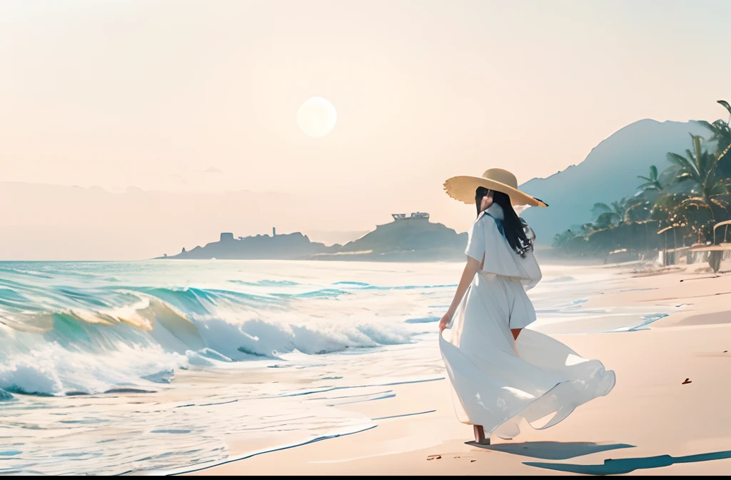 Woman in white dress strolling on beautiful white sandy beach、Straw hats are about to be blown away by strong winds, And she hurries to hold it by the hand. Background/// The beautiful sea is a shallow beach with waves.... The white sand beach is beautiful with corals and shells. Mountains like Diamond Head across the ocean々々々and yachts,Soft Focus , Bright gradient watercolor , Dreamy , White background、evening、fullmoon