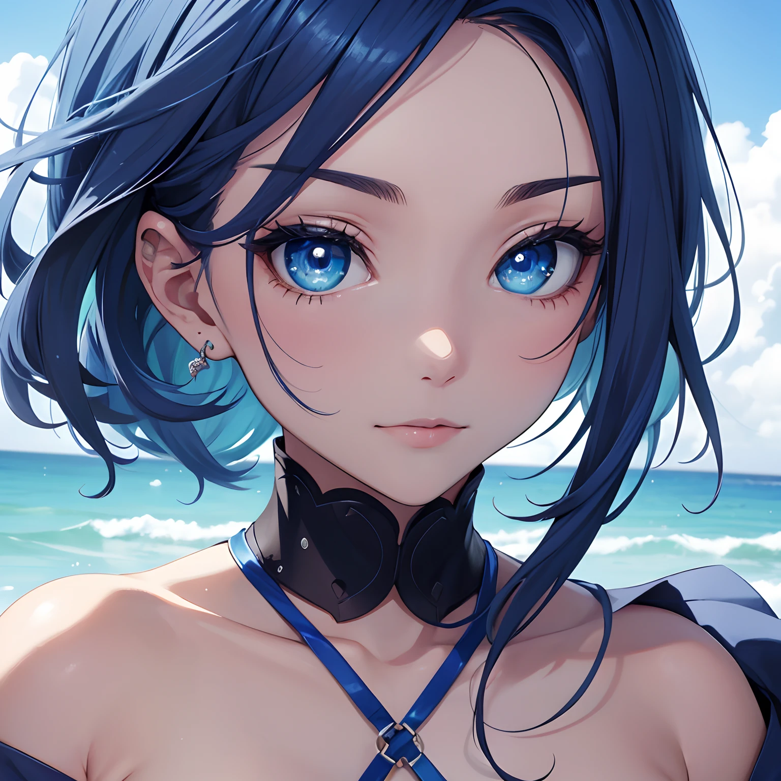 Realistic、1girl、blue hair、blue eyes、gradient eyes,(blue enamel bikini)、cute face,face focus,upper body:1.5,beach、wallpaper