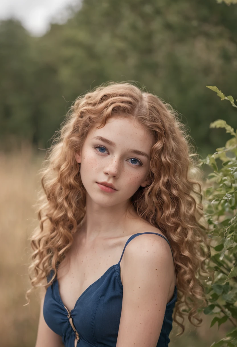 "Full body portrait of a charming 18 year old women with curly hay coloured hair, small freckles, petite figure, beautiful face, captivating dark blue eyes, and modest bust size, showcasing her natural beauty."