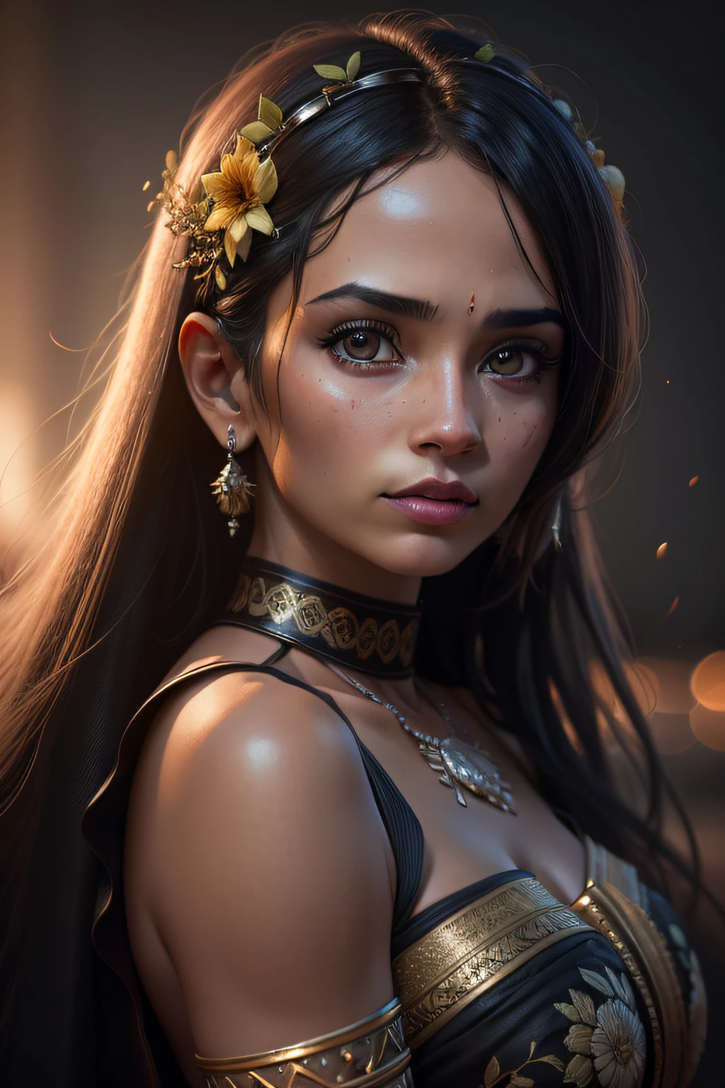 Menina indiana madura bonita, Roupa de saree preta, usando joias de ouro, fora entre as flores, ((esguio, pequeno)), fotorrealista, fotografia, master part, Realistic, realismo, fotorrealismoo, alto contraste, photorealistic digital art trending in Artstation 8k HD high definition detailed realistic, circunstanciado, textura da pele, hiper detalhado, textura de pele realista, Armadura, best quality, ultra high-resolution, (fotorrealista:1.4),, high resolution, circunstanciado, Foto RAW, sharp re, by Lee Jeffries Nikon D850 film Stock Photography 4 Kodak Portra 400 camera F1.6 lens rich colors hyper realistic lifelike texture dramatic lighting unrealengine trending on artstation cinestill 800,