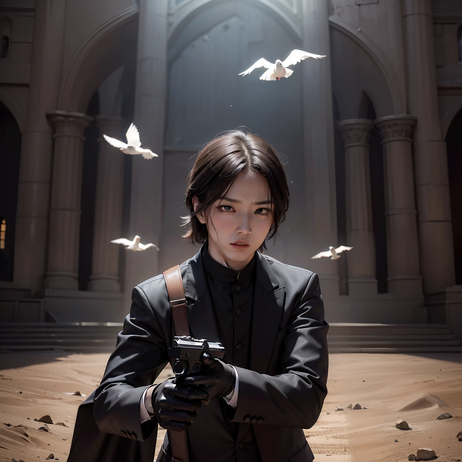 (motion line)、A desert、Wasteland、man in black suit、Dynamic Actions、Shoot the gun、Cinematics、hiquality、Two Pistol Action、White dove flies、Mexican Standoff、Friend and foe pointing guns at close range、Director Wu、Triangle composition、Horrific action in the church