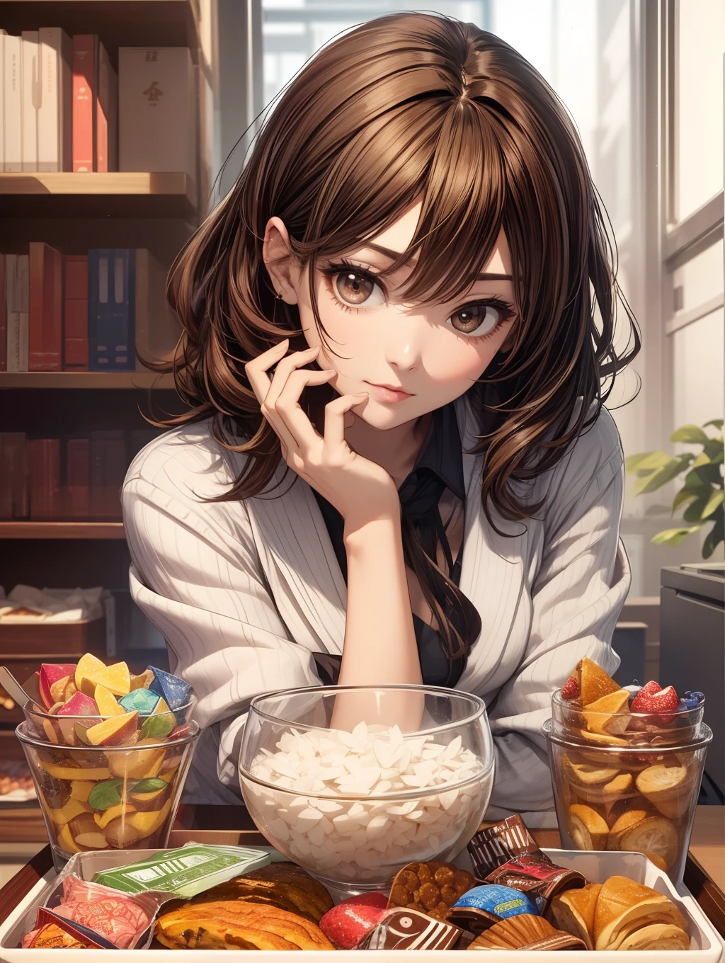 Best Quality, masutepiece, beautiful mature women、Beautiful face、Strong-minded woman、Office Suits、brown haired、Brown-eyed、Longhaire、Undersized eyes、Distribute sweets to everyone、Full body like