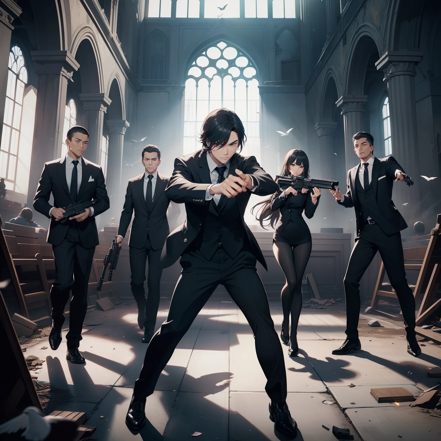 (motion line)、man in black suit、Dynamic Actions、Shoot the gun、Cinematics、hiquality、Two Pistol Action、White dove flies、Side、Three men point guns at each other、Mexican standoff、Friends and enemies pointing guns at close range、Director Wu、Triangle composition、Terrible behavior in a ruined church、