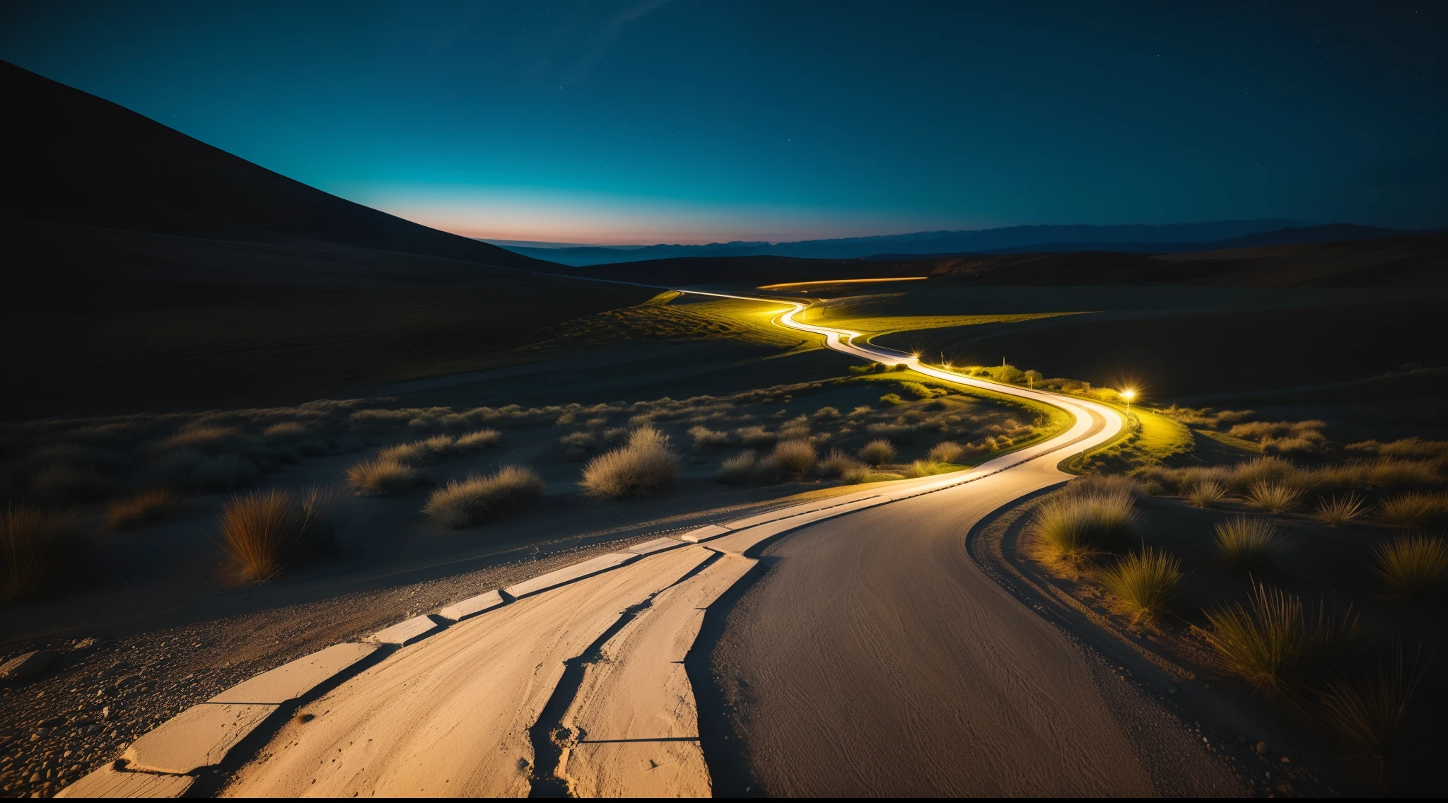 Representation of a winding path in the midst of a challenging landscape, with a bright light indicating orientation.
