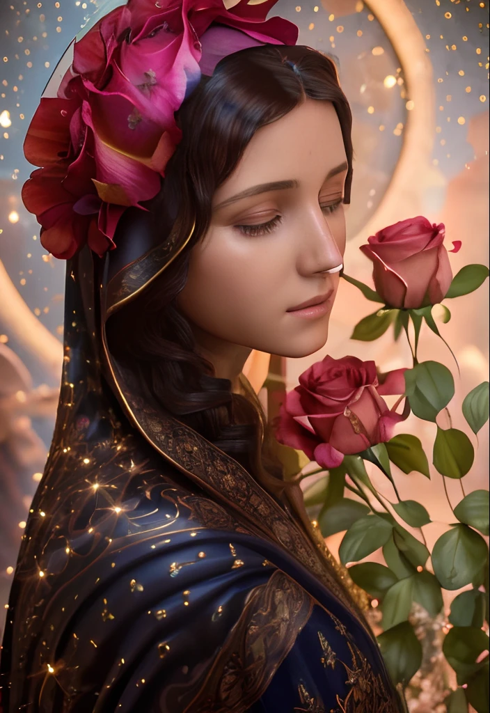 (((Blessed Virgin Mary))) Ultra detallado, 8k, HDR, Renderizado de octanaje, Corrimiento al rojo, Motor Unreal 5. Grado de color profesional, ambiance, profundidad asombrosa, colores ricos, powerful imagery, Psychedelic overtones, 4k, 8k,Obra maestra,...,